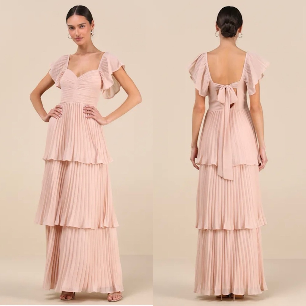 Lulus Notorious Charm Blush Pleated Flutter Sleeve Maxi Dress